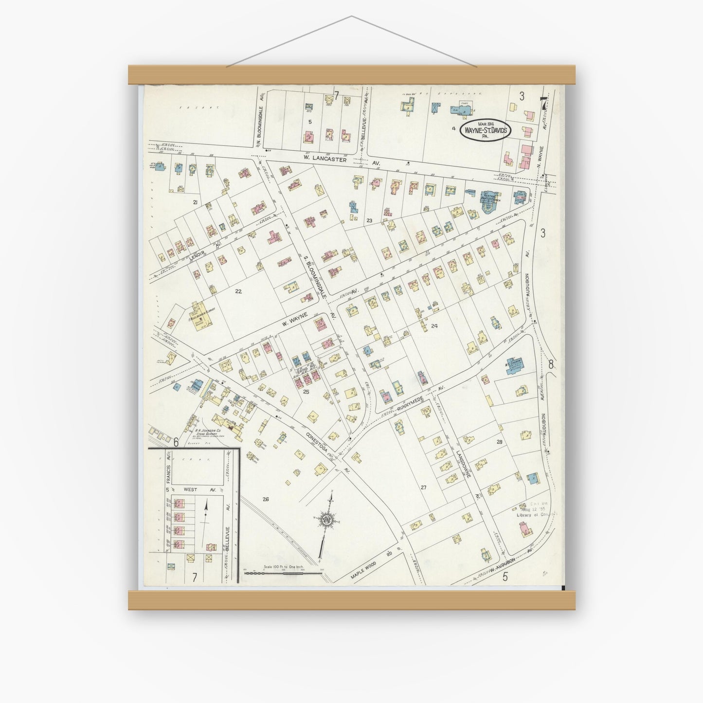 Old map wall art mockup — magnetic wood frame on white wall — Sanborn Fire Insurance Map from Wayne, Delaware County, Pennsylvania (1914), Sheet #0007