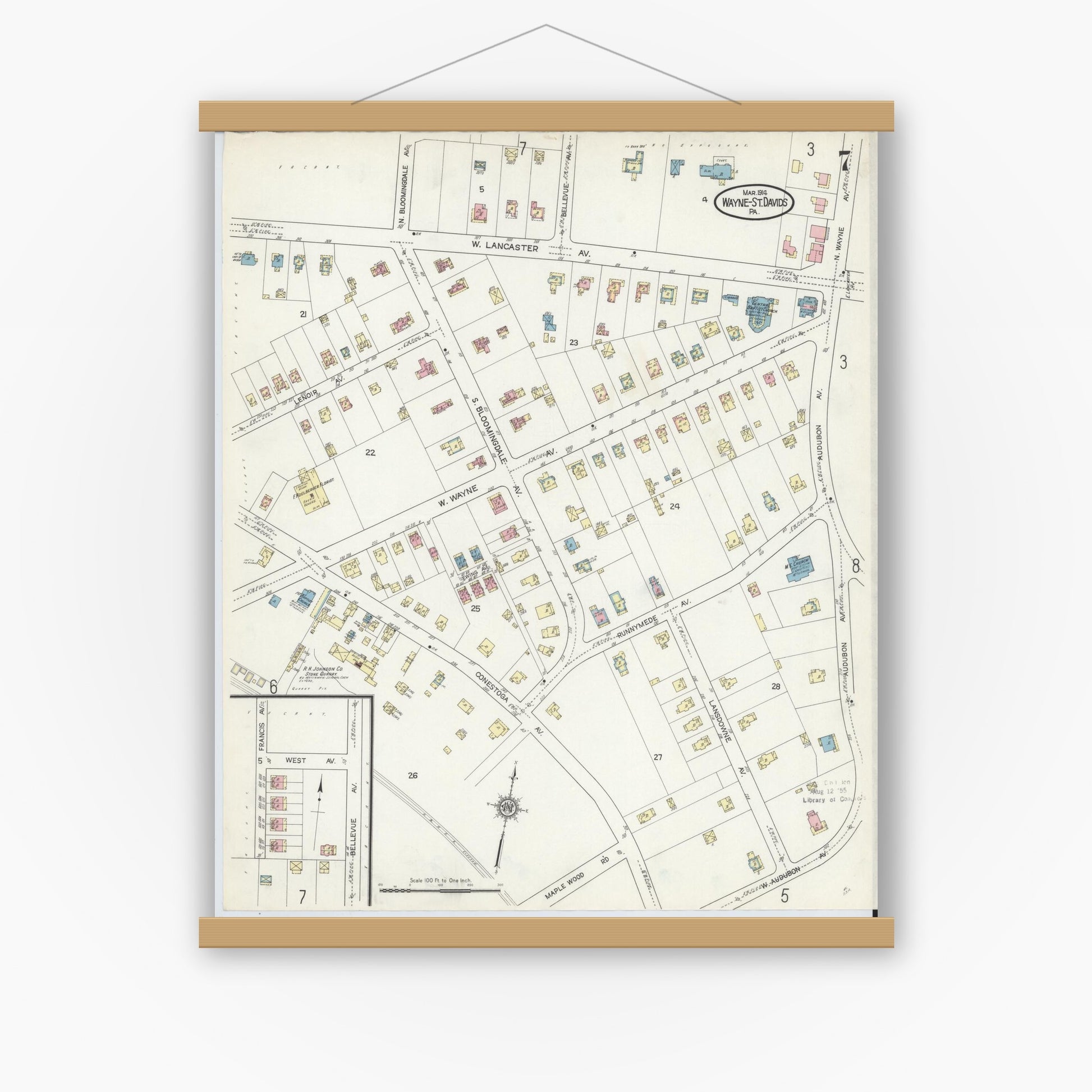 Old map wall art mockup — magnetic wood frame on white wall — Sanborn Fire Insurance Map from Wayne, Delaware County, Pennsylvania (1914), Sheet #0007