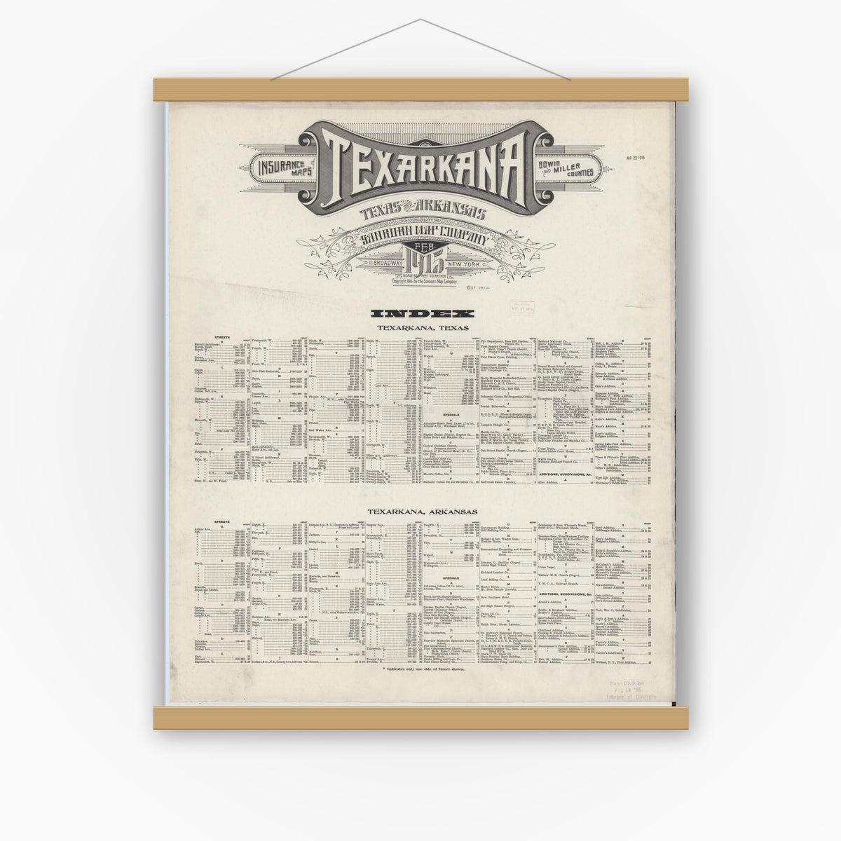 Old map wall art mockup — magnetic wood frame on white wall — Sanborn Fire Insurance Map from Texarkana, Bowie County, Texas (1915), Sheet #0001