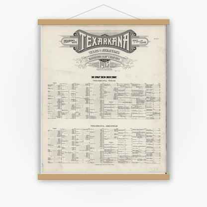 Old map wall art mockup — magnetic wood frame on white wall — Sanborn Fire Insurance Map from Texarkana, Bowie County, Texas (1915), Sheet #0001