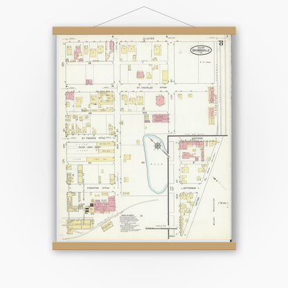 Old map wall art mockup — magnetic wood frame on white wall — Sanborn Fire Insurance Map from Brownsville, Cameron County, Texas (1914), Sheet #0008