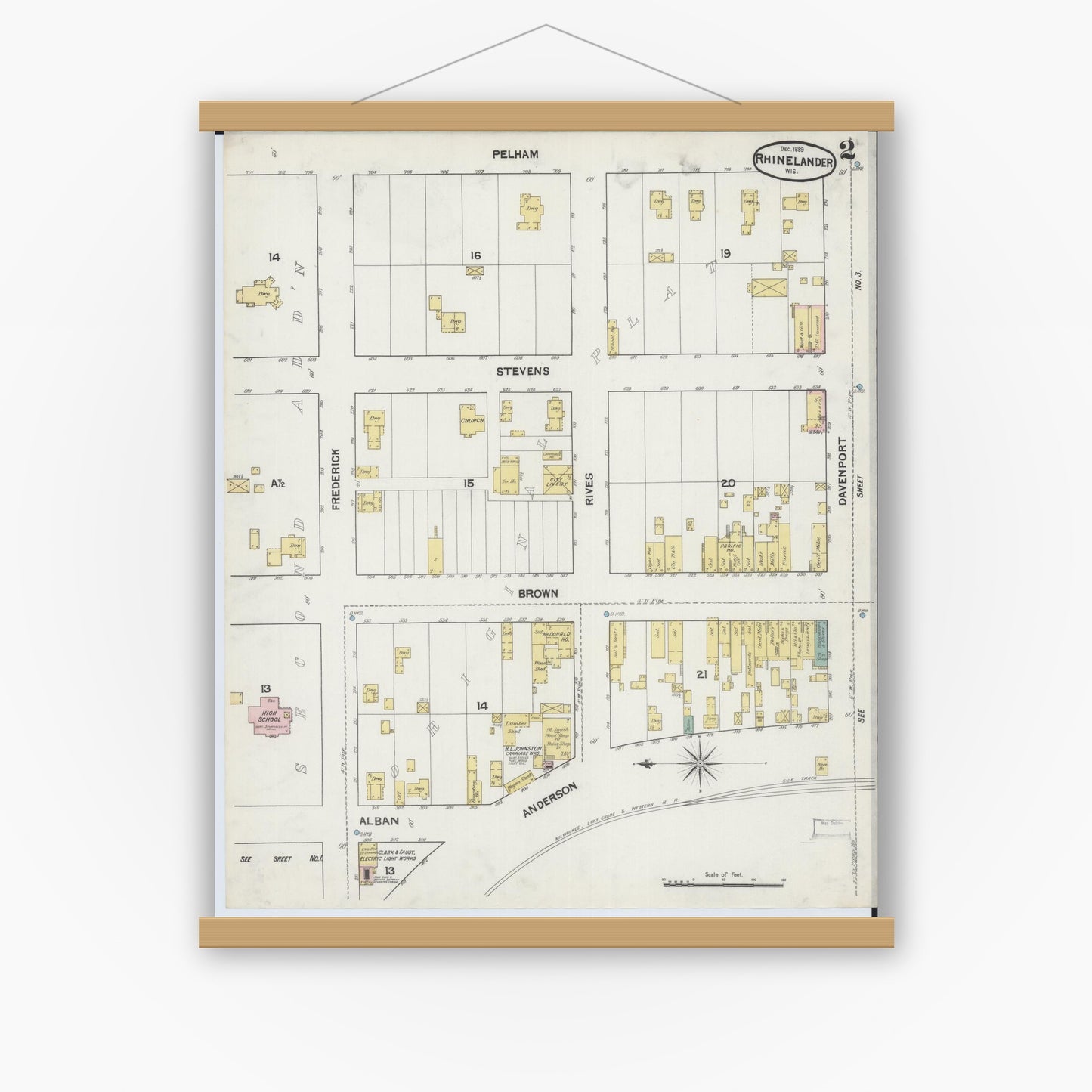 Old map wall art mockup — magnetic wood frame on white wall — Sanborn Fire Insurance Map from Rhinelander, Oneida County, Wisconsin (1889), Sheet #0002