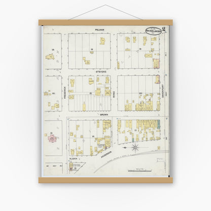 Old map wall art mockup — magnetic wood frame on white wall — Sanborn Fire Insurance Map from Rhinelander, Oneida County, Wisconsin (1889), Sheet #0002