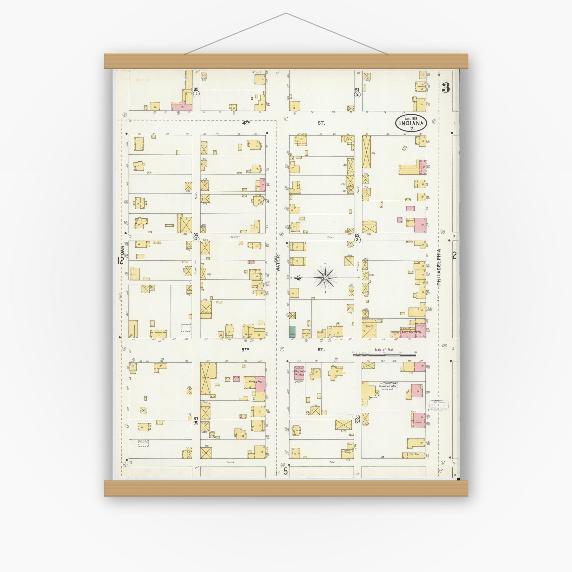 Old map wall art mockup — magnetic wood frame on white wall — Sanborn Fire Insurance Map from Indiana, Indiana County, Pennsylvania (1903), Sheet #0003