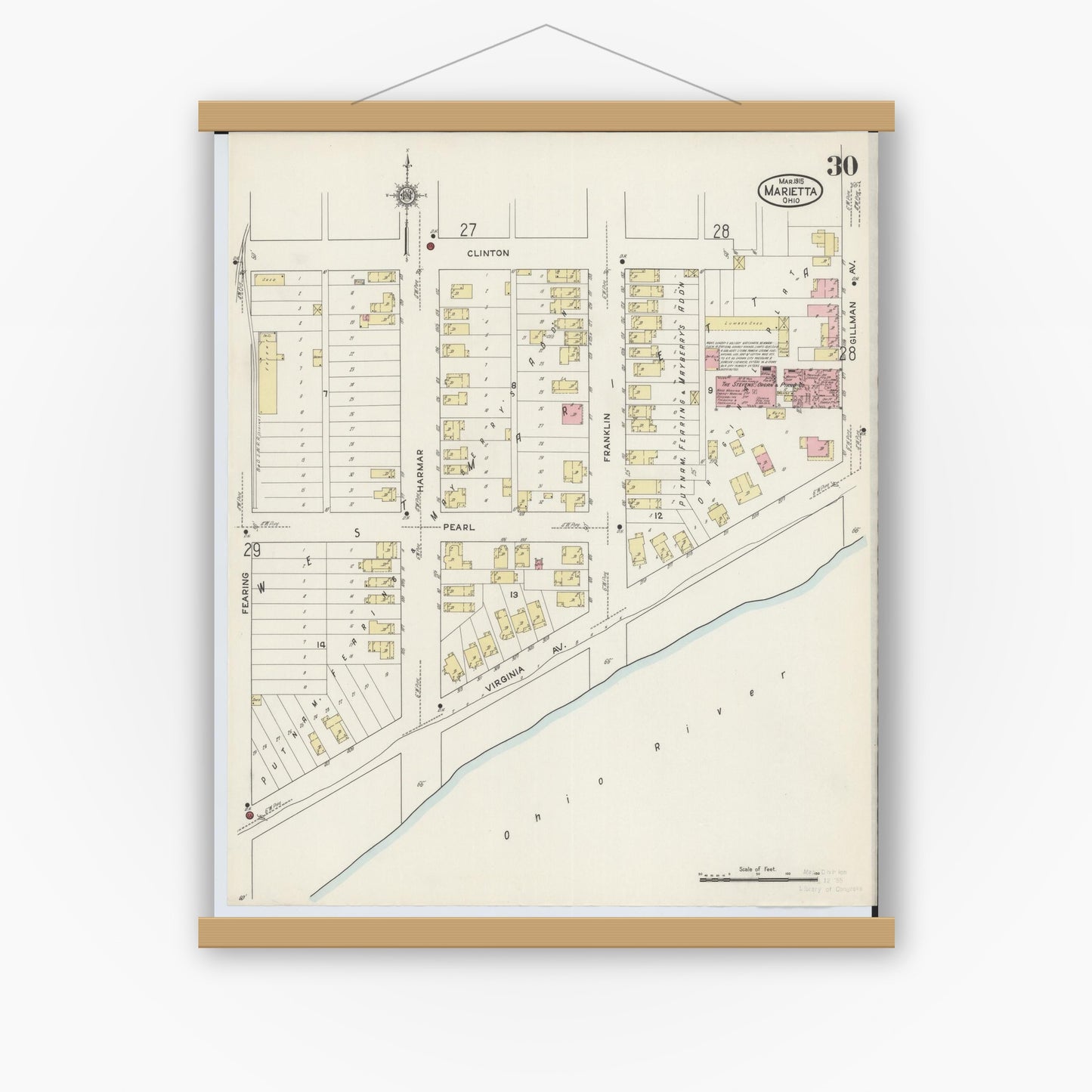 Old map wall art mockup — magnetic wood frame on white wall — Sanborn Fire Insurance Map from Marietta, Washington County, Ohio (1915), Sheet #0030