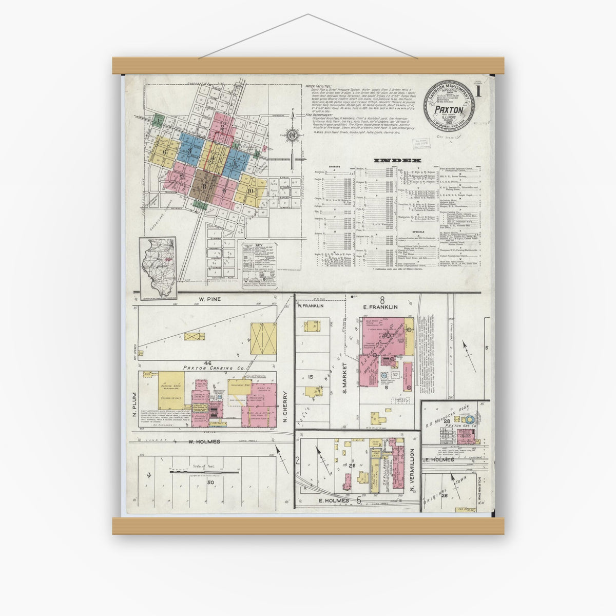 Old map wall art mockup — magnetic wood frame on white wall — Sanborn Fire Insurance Map from Paxton, Ford County, Illinois (1921), Sheet #0001