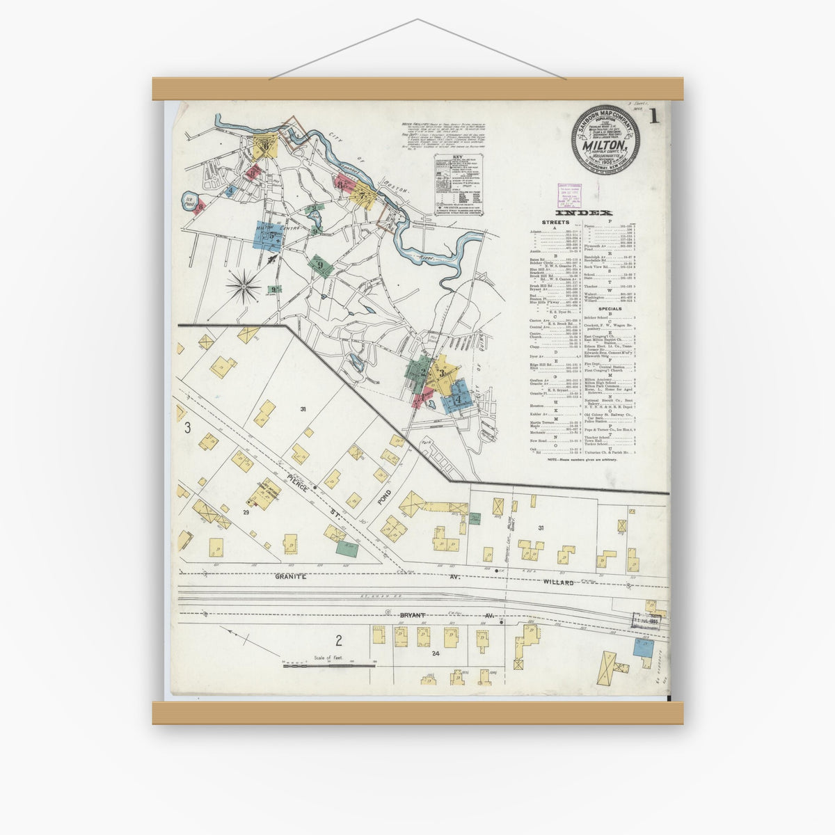 Old map wall art mockup — magnetic wood frame on white wall — Sanborn Fire Insurance Map from Milton, Norfolk County, Massachusetts (1906) - Complete Map Set