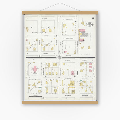 Old map wall art mockup — magnetic wood frame on white wall — Sanborn Fire Insurance Map from Sullivan, Moultrie County, Illinois (1898), Sheet #0005