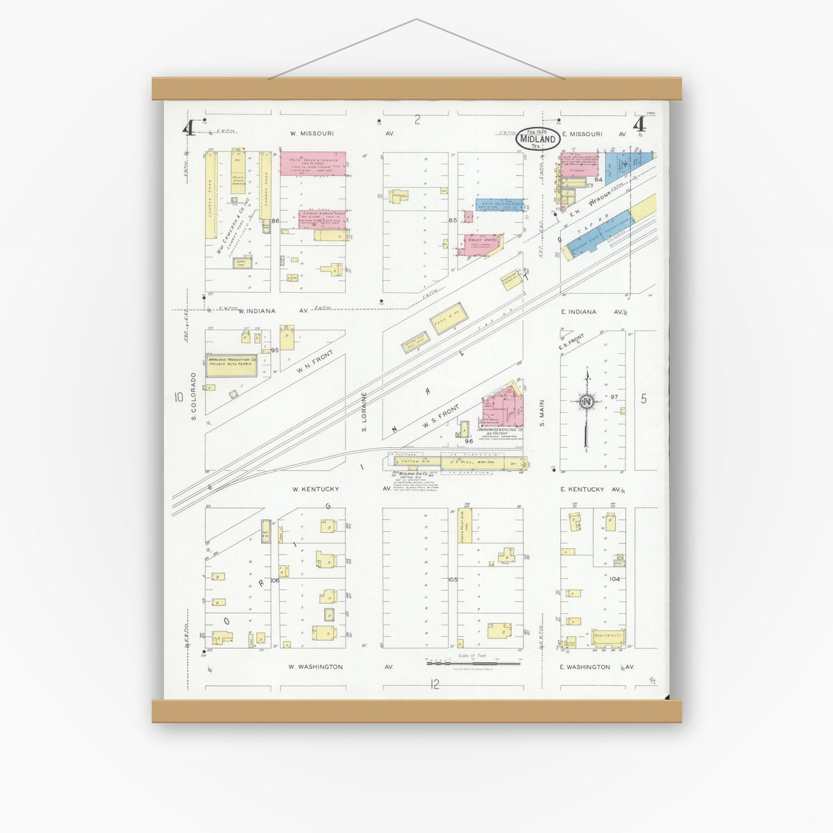 Old map wall art mockup — magnetic wood frame on white wall — Sanborn Fire Insurance Map from Midland, Midland County, Texas (1929), Sheet #0004