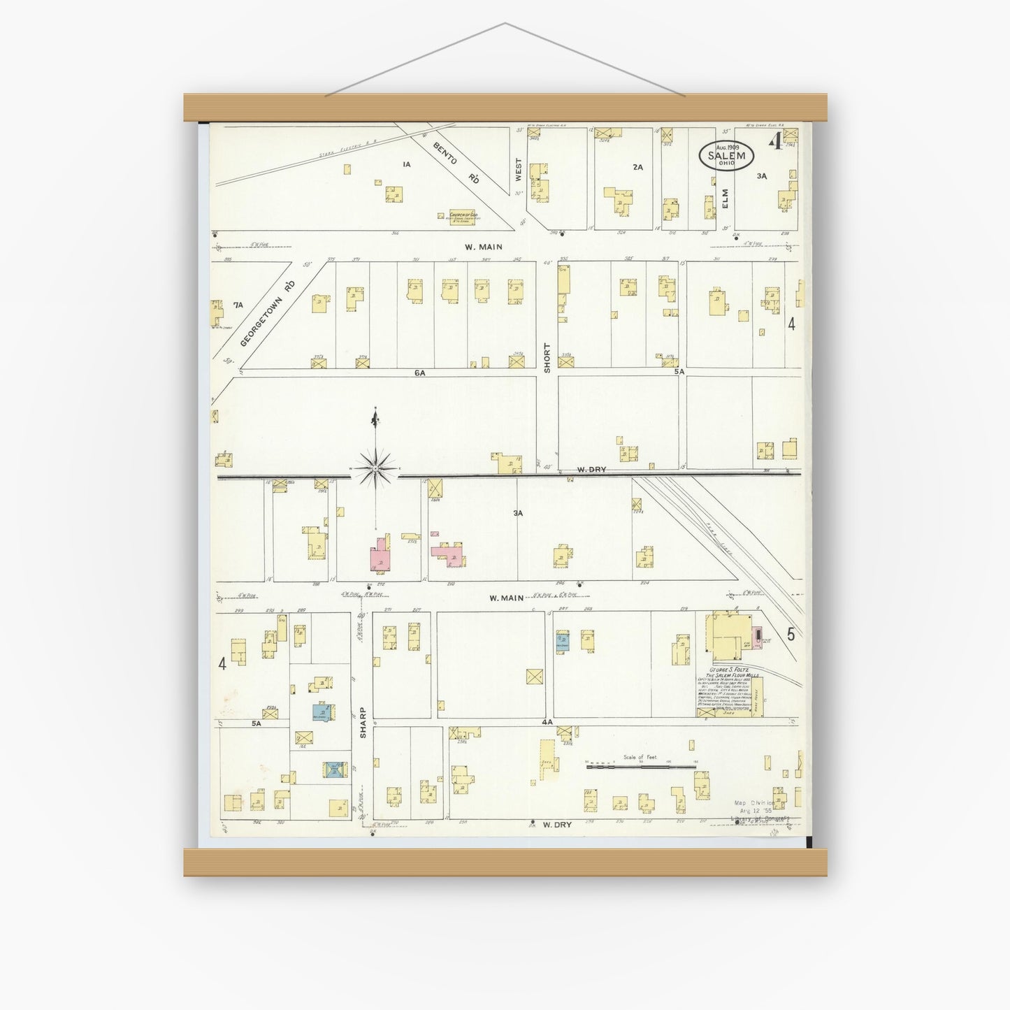 Old map wall art mockup — magnetic wood frame on white wall — Sanborn Fire Insurance Map from Salem, Columbiana County, Ohio (1909), Sheet #0004