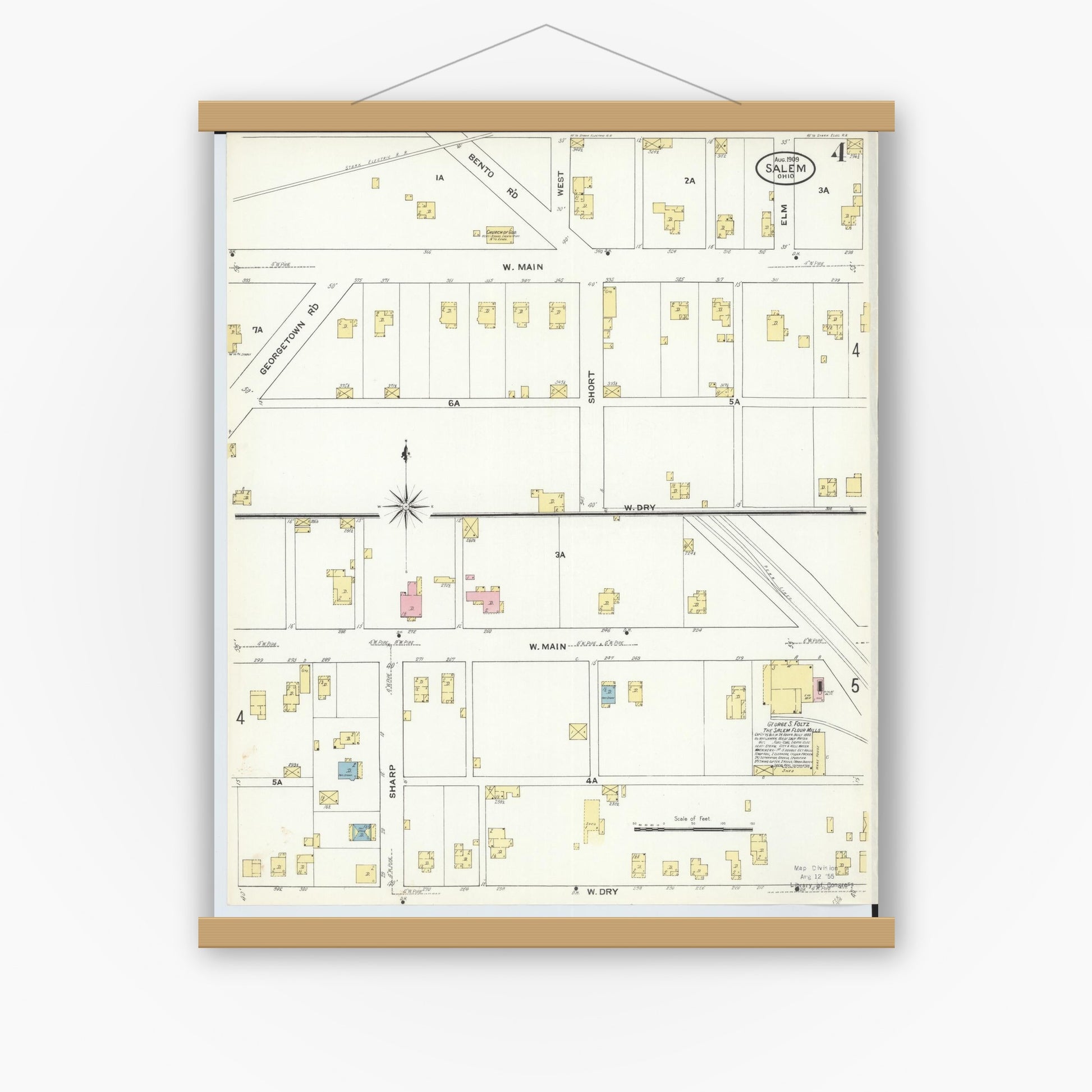 Old map wall art mockup — magnetic wood frame on white wall — Sanborn Fire Insurance Map from Salem, Columbiana County, Ohio (1909), Sheet #0004