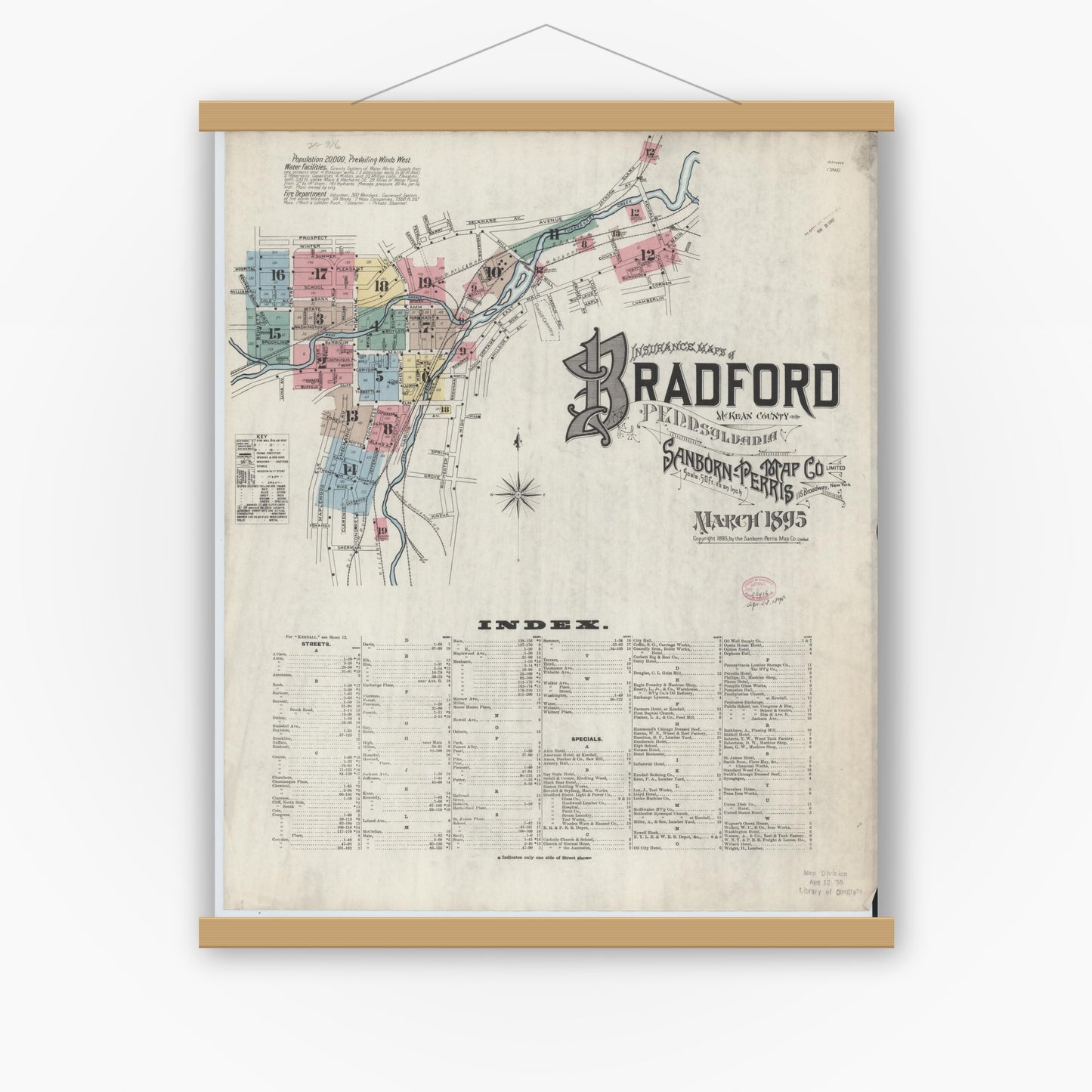 Old map wall art mockup — magnetic wood frame on white wall — Sanborn Fire Insurance Map from Bradford, McKean County, Pennsylvania (1895) - Complete Map Set