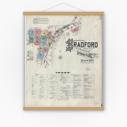 Old map wall art mockup — magnetic wood frame on white wall — Sanborn Fire Insurance Map from Bradford, McKean County, Pennsylvania (1895) - Complete Map Set