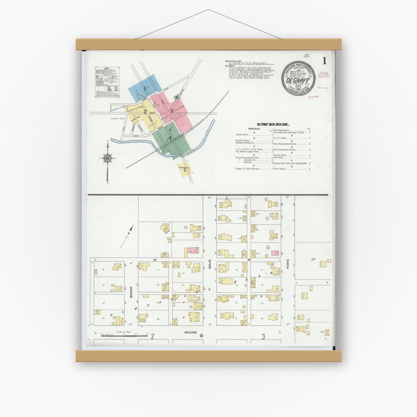 Old map wall art mockup — magnetic wood frame on white wall — Sanborn Fire Insurance Map from Degraff, Logan County, Ohio (1910), Sheet #0001