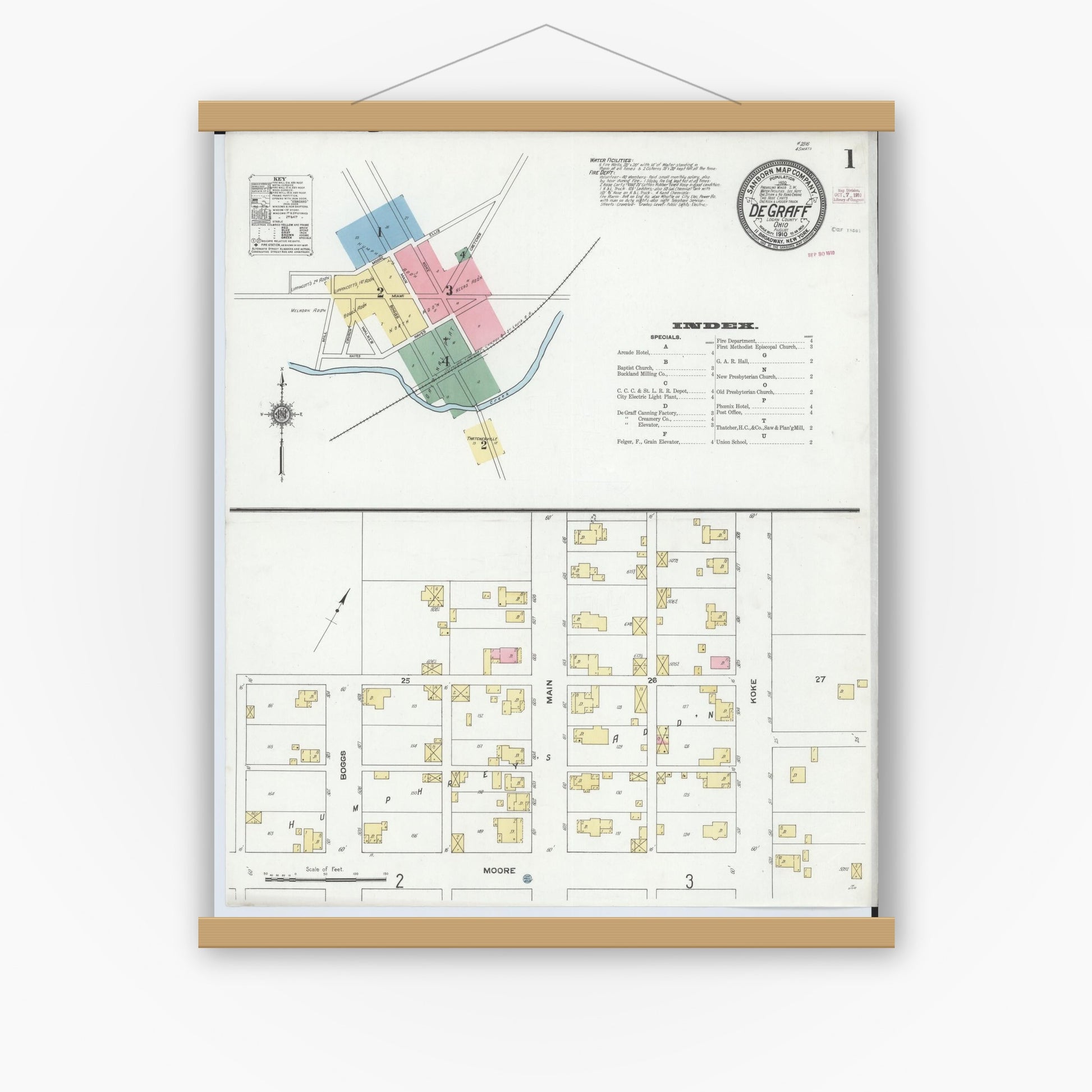 Old map wall art mockup — magnetic wood frame on white wall — Sanborn Fire Insurance Map from Degraff, Logan County, Ohio (1910), Sheet #0001