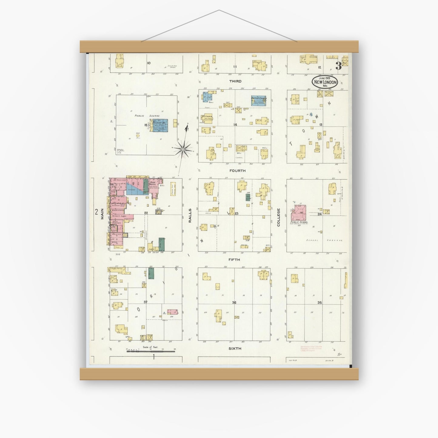 Old map wall art mockup — magnetic wood frame on white wall — Sanborn Fire Insurance Map from New London, Ralls County, Missouri (1909), Sheet #0003