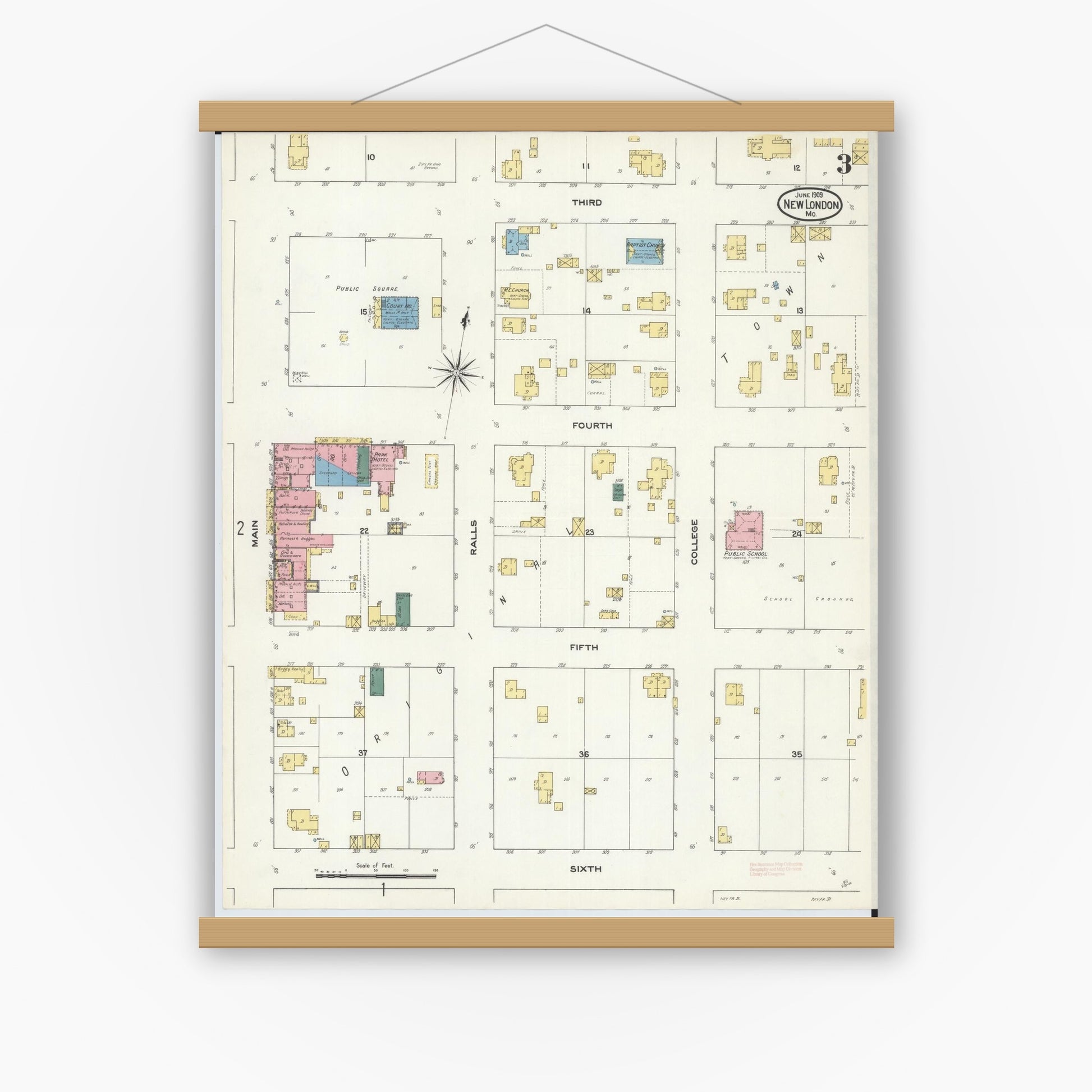 Old map wall art mockup — magnetic wood frame on white wall — Sanborn Fire Insurance Map from New London, Ralls County, Missouri (1909), Sheet #0003