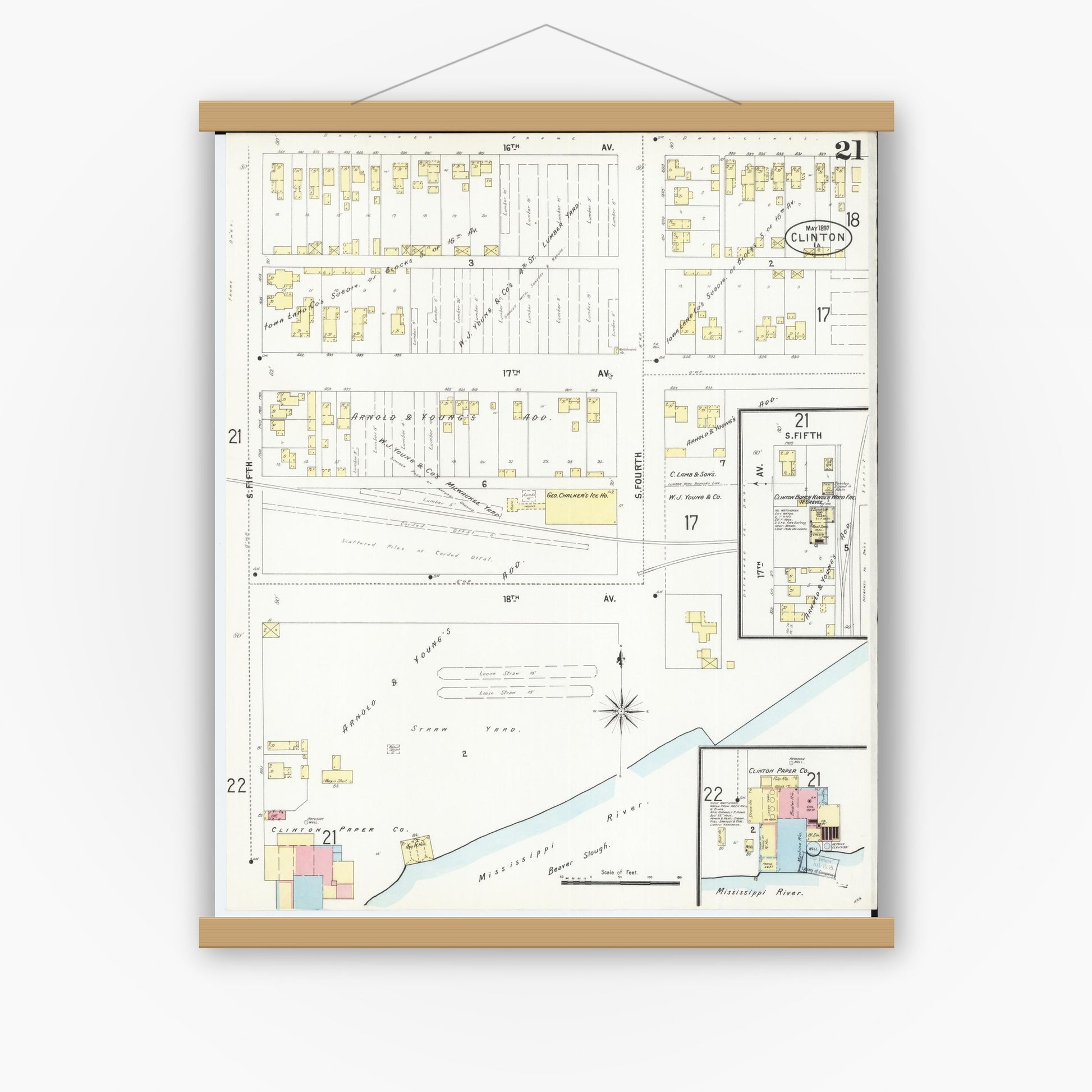 Old map wall art mockup — magnetic wood frame on white wall — Sanborn Fire Insurance Map from Clinton, Clinton County, Iowa (1897), Sheet #0021