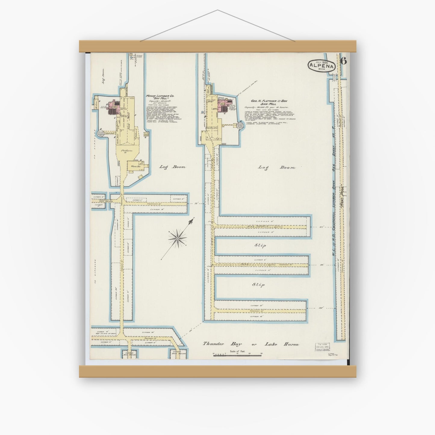 Old map wall art mockup — magnetic wood frame on white wall — Sanborn Fire Insurance Map from Alpena, Alpena County, Michigan (1890), Sheet #0006
