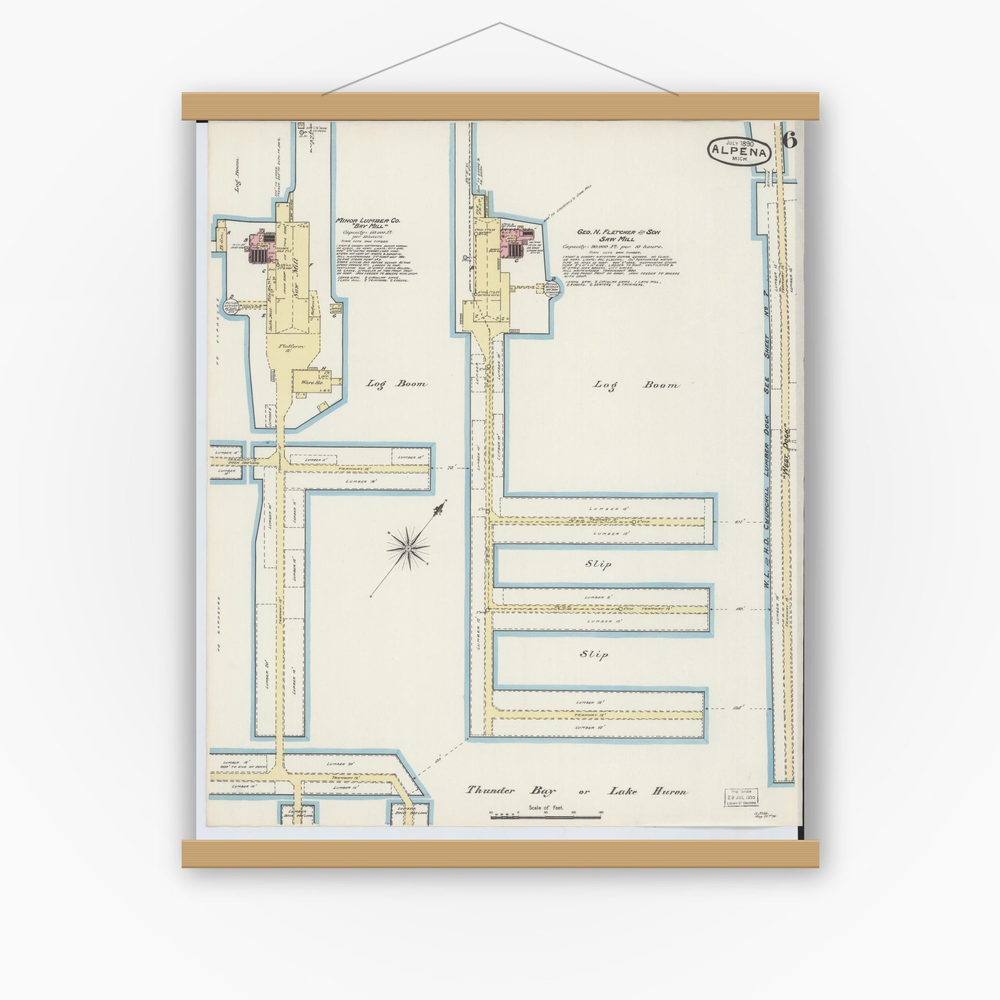 Old map wall art mockup — magnetic wood frame on white wall — Sanborn Fire Insurance Map from Alpena, Alpena County, Michigan (1890), Sheet #0006