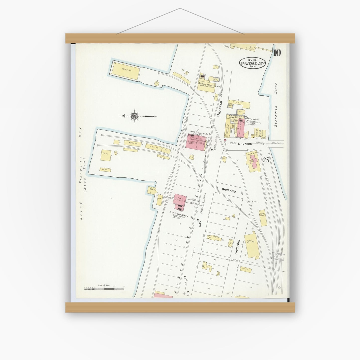 Old map wall art mockup — magnetic wood frame on white wall — Sanborn Fire Insurance Map from Traverse City, Grand Traverse County, Michigan (1910), Sheet #0010