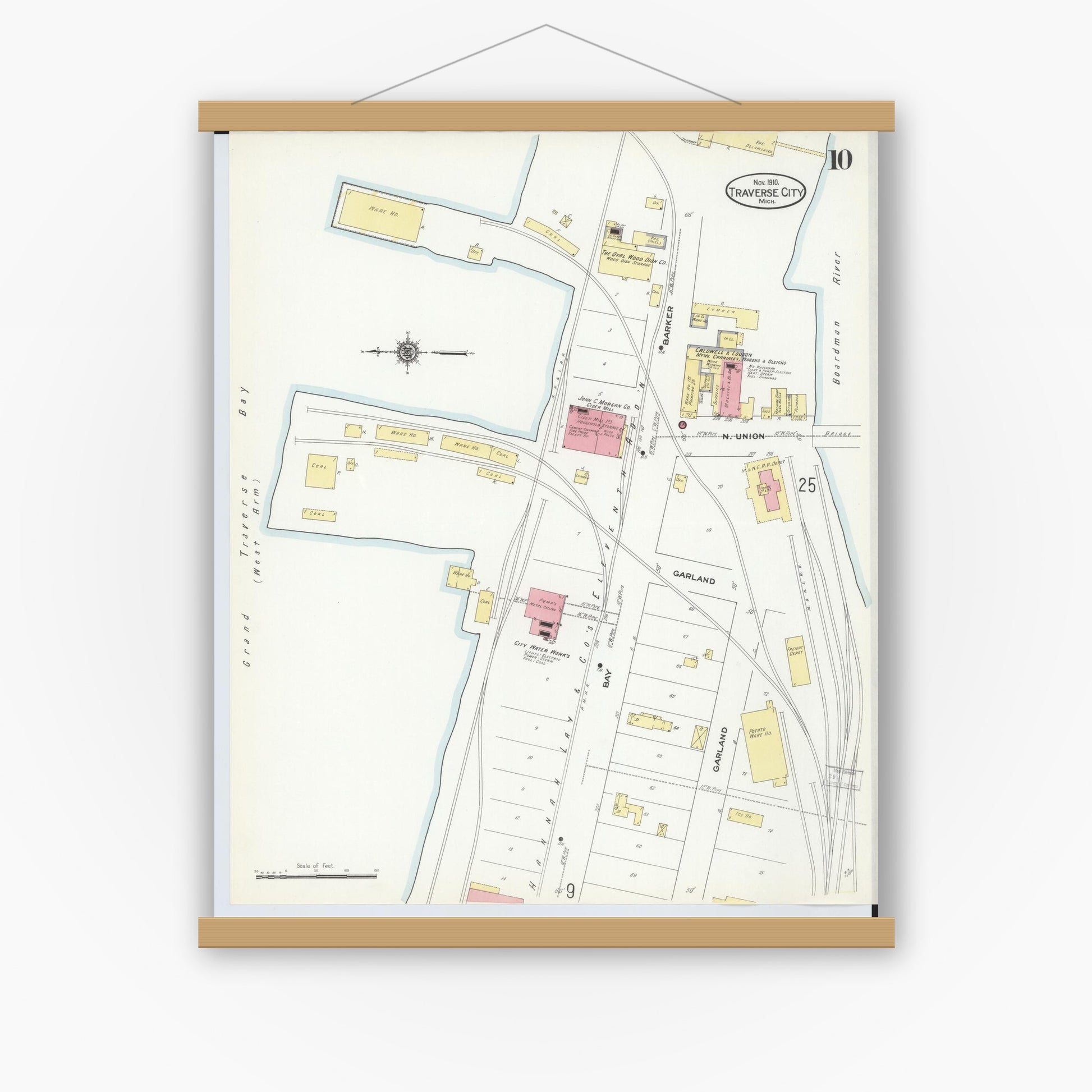 Old map wall art mockup — magnetic wood frame on white wall — Sanborn Fire Insurance Map from Traverse City, Grand Traverse County, Michigan (1910), Sheet #0010