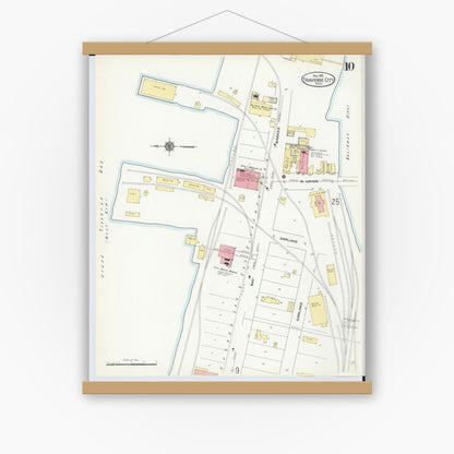Old map wall art mockup — magnetic wood frame on white wall — Sanborn Fire Insurance Map from Traverse City, Grand Traverse County, Michigan (1910), Sheet #0010
