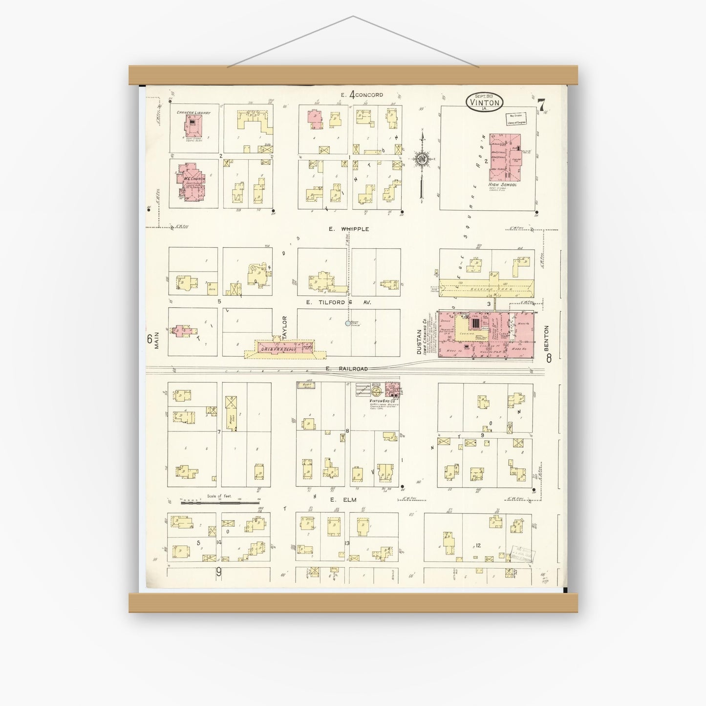 Old map wall art mockup — magnetic wood frame on white wall — Sanborn Fire Insurance Map from Vinton, Benton County, Iowa (1913), Sheet #0007
