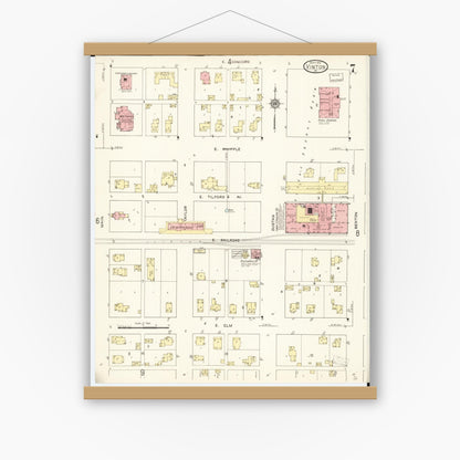 Old map wall art mockup — magnetic wood frame on white wall — Sanborn Fire Insurance Map from Vinton, Benton County, Iowa (1913), Sheet #0007