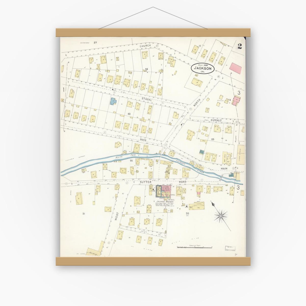 Old map wall art mockup — magnetic wood frame on white wall — Sanborn Fire Insurance Map from Jackson, Amador County, California (1898), Sheet #0002