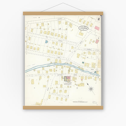 Old map wall art mockup — magnetic wood frame on white wall — Sanborn Fire Insurance Map from Jackson, Amador County, California (1898), Sheet #0002
