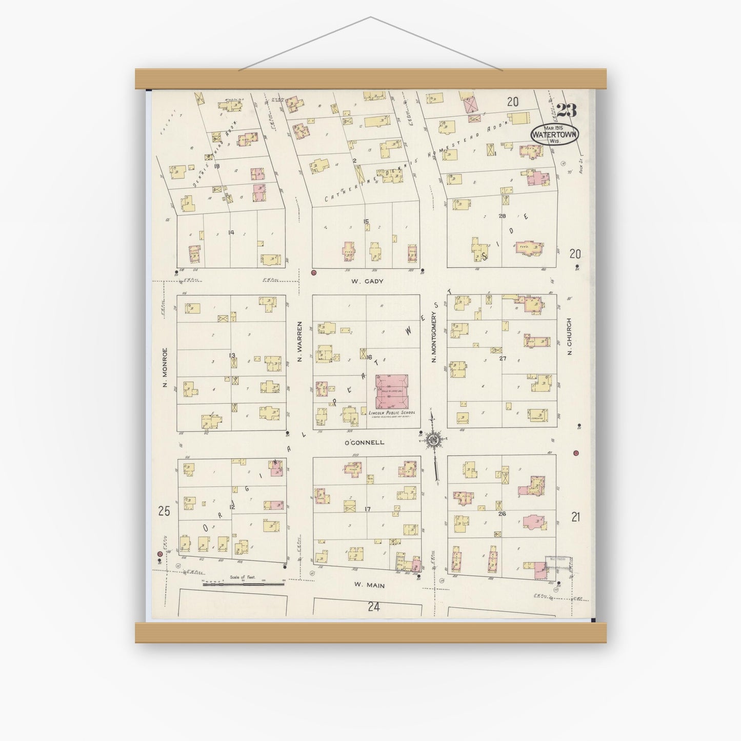 Old map wall art mockup — magnetic wood frame on white wall — Sanborn Fire Insurance Map from Watertown, Jefferson County, Wisconsin (1915), Sheet #0024