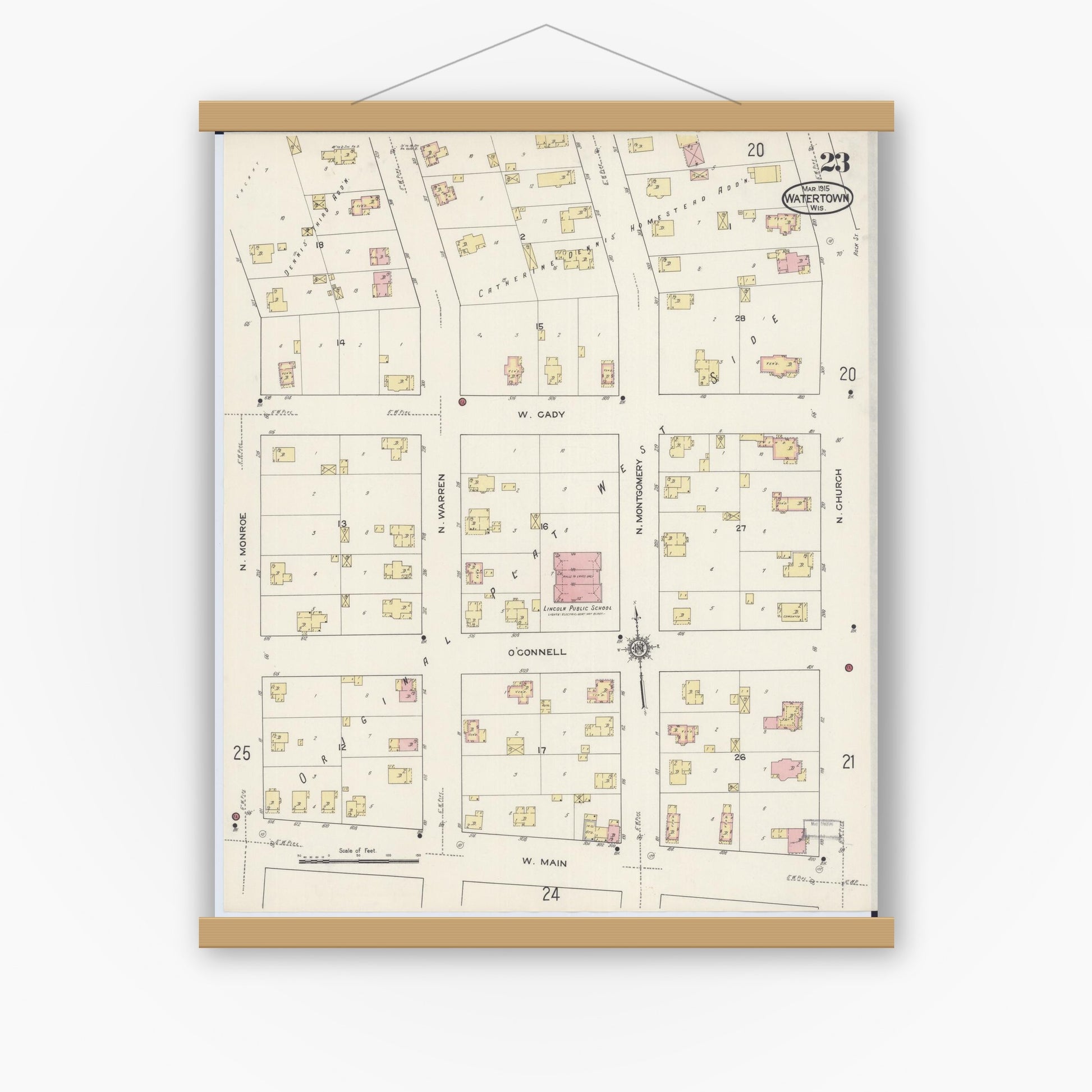 Old map wall art mockup — magnetic wood frame on white wall — Sanborn Fire Insurance Map from Watertown, Jefferson County, Wisconsin (1915), Sheet #0024