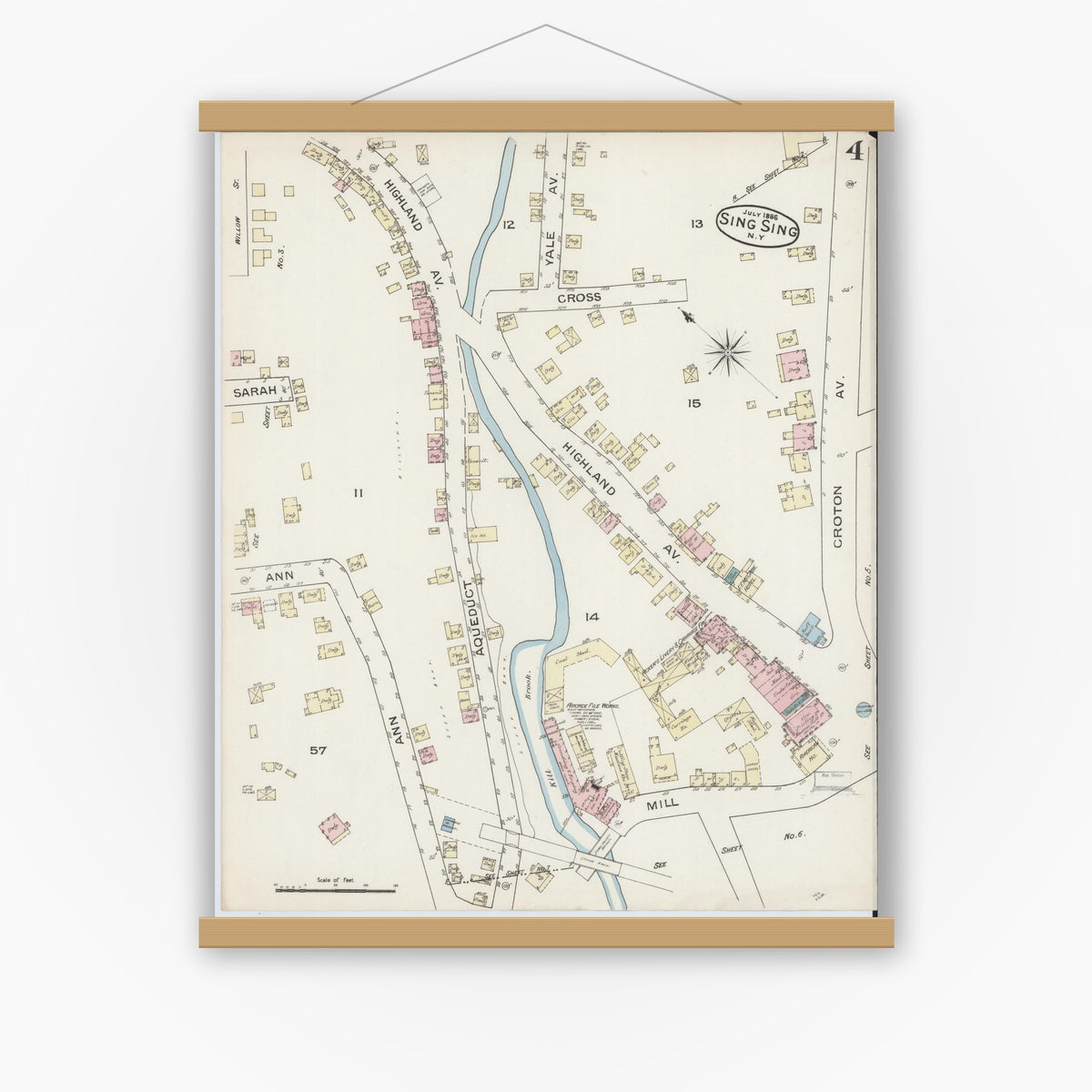 Old map wall art mockup — magnetic wood frame on white wall — Sanborn Fire Insurance Map from Sing Sing, Westchester County, New York (1886), Sheet #0004