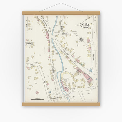 Old map wall art mockup — magnetic wood frame on white wall — Sanborn Fire Insurance Map from Sing Sing, Westchester County, New York (1886), Sheet #0004