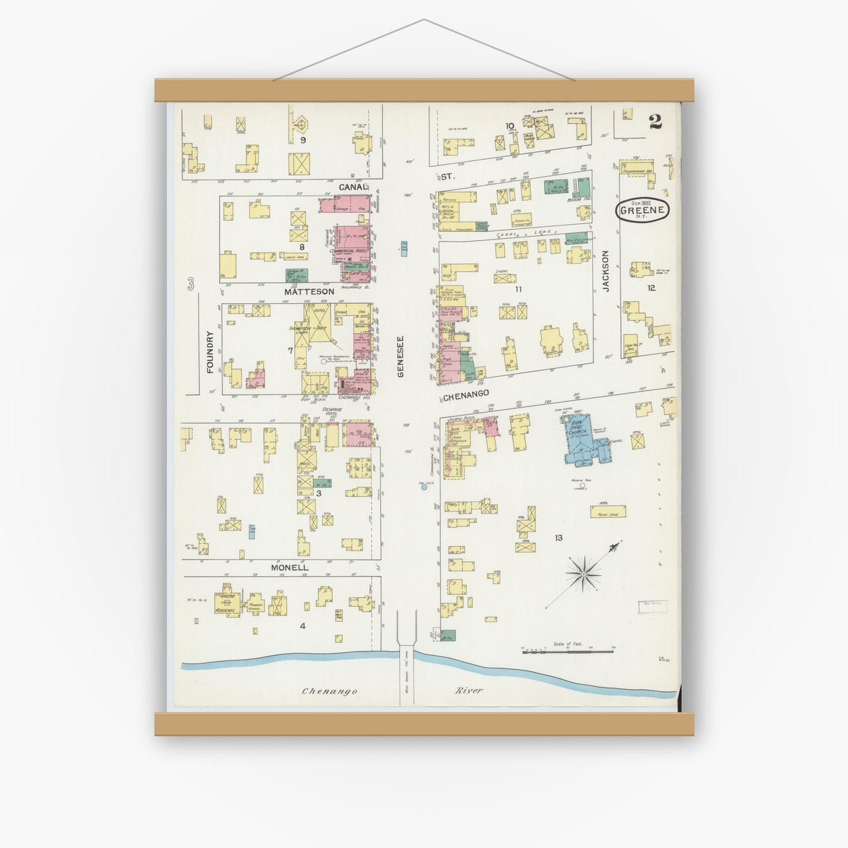 Old map wall art mockup — magnetic wood frame on white wall — Sanborn Fire Insurance Map from Greene, Chenango County, New York (1892), Sheet #0002