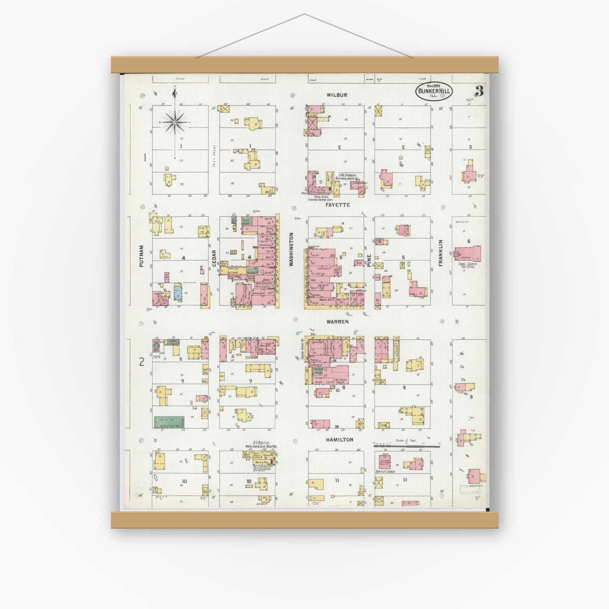 Old map wall art mockup — magnetic wood frame on white wall — Sanborn Fire Insurance Map from Bunker Hill, Macoupin County, Illinois (1899), Sheet #0003