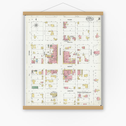 Old map wall art mockup — magnetic wood frame on white wall — Sanborn Fire Insurance Map from Bunker Hill, Macoupin County, Illinois (1899), Sheet #0003