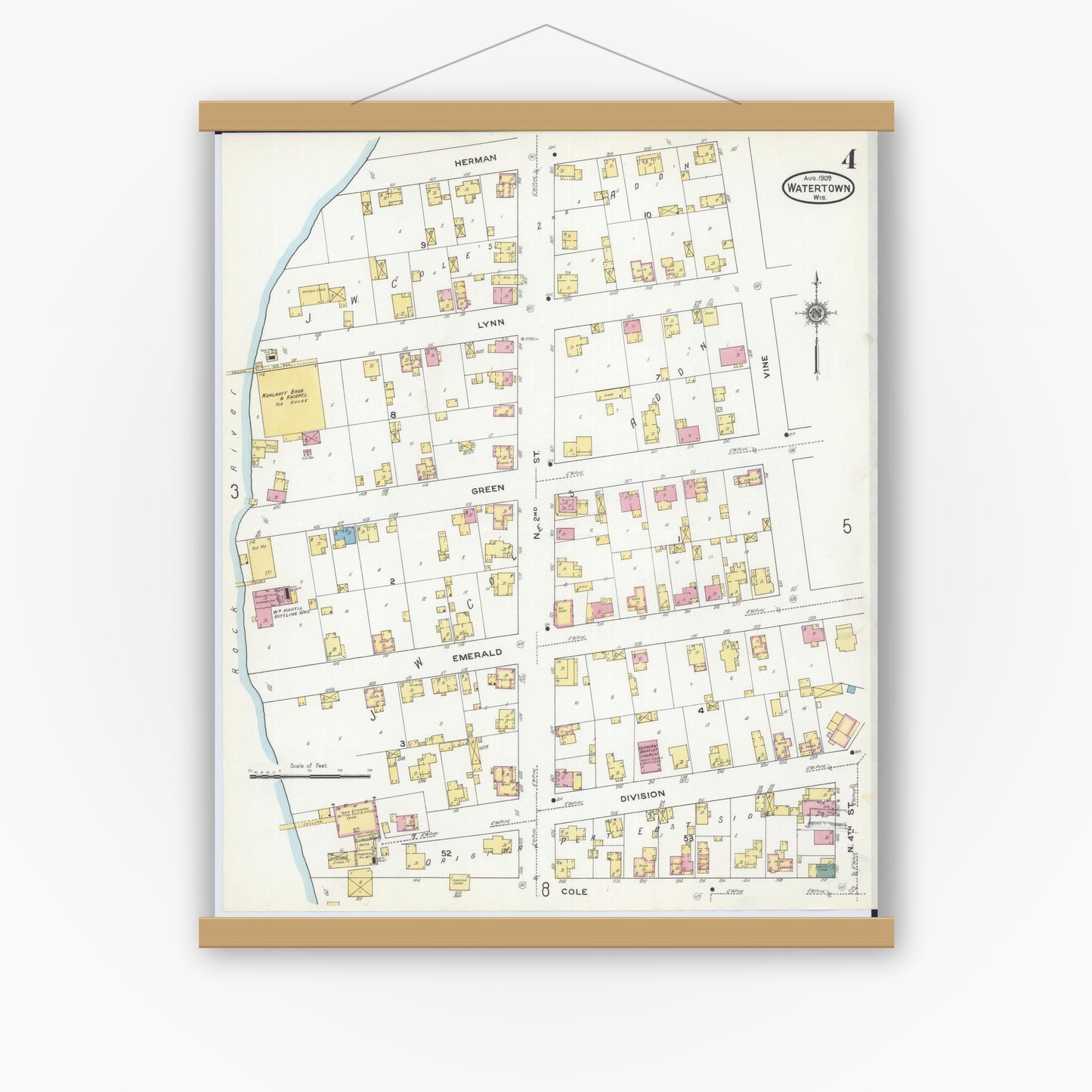 Old map wall art mockup — magnetic wood frame on white wall — Sanborn Fire Insurance Map from Watertown, Jefferson County, Wisconsin (1909), Sheet #0004