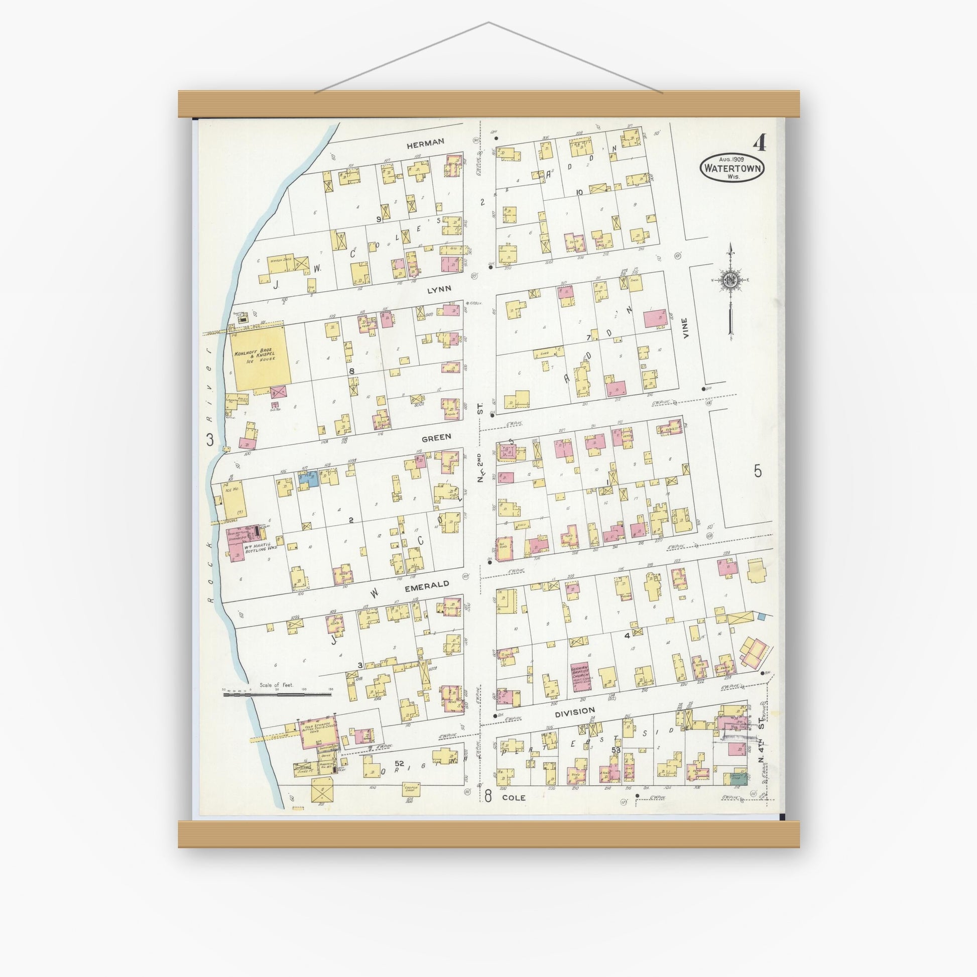 Old map wall art mockup — magnetic wood frame on white wall — Sanborn Fire Insurance Map from Watertown, Jefferson County, Wisconsin (1909), Sheet #0004