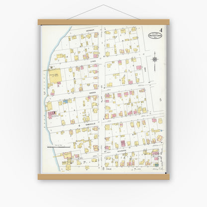 Old map wall art mockup — magnetic wood frame on white wall — Sanborn Fire Insurance Map from Watertown, Jefferson County, Wisconsin (1909), Sheet #0004