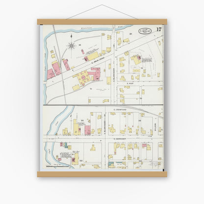 Old map wall art mockup — magnetic wood frame on white wall — Sanborn Fire Insurance Map from Findlay, Hancock County, Ohio (1895), Sheet #0017
