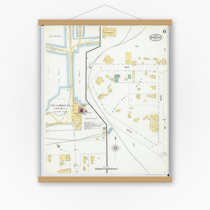 Old map wall art mockup — magnetic wood frame on white wall — Sanborn Fire Insurance Map from Manistique, Schoolcraft County, Michigan (1900), Sheet #0006