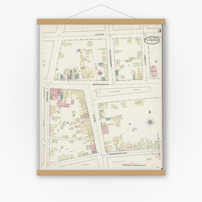 Old map wall art mockup — magnetic wood frame on white wall — Sanborn Fire Insurance Map from Flushing, Queens County, New York (1886), Sheet #0003