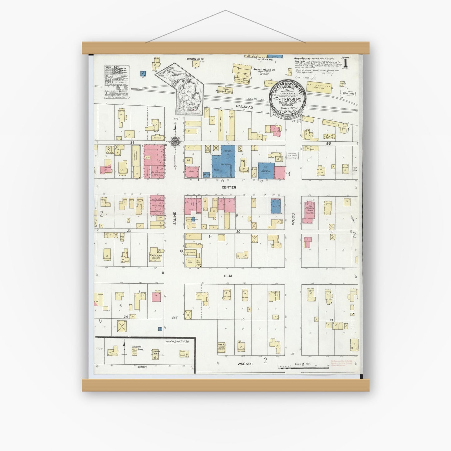 Old map wall art mockup — magnetic wood frame on white wall — Sanborn Fire Insurance Map from Petersburg, Monroe County, Michigan (1923) - Complete Map Set