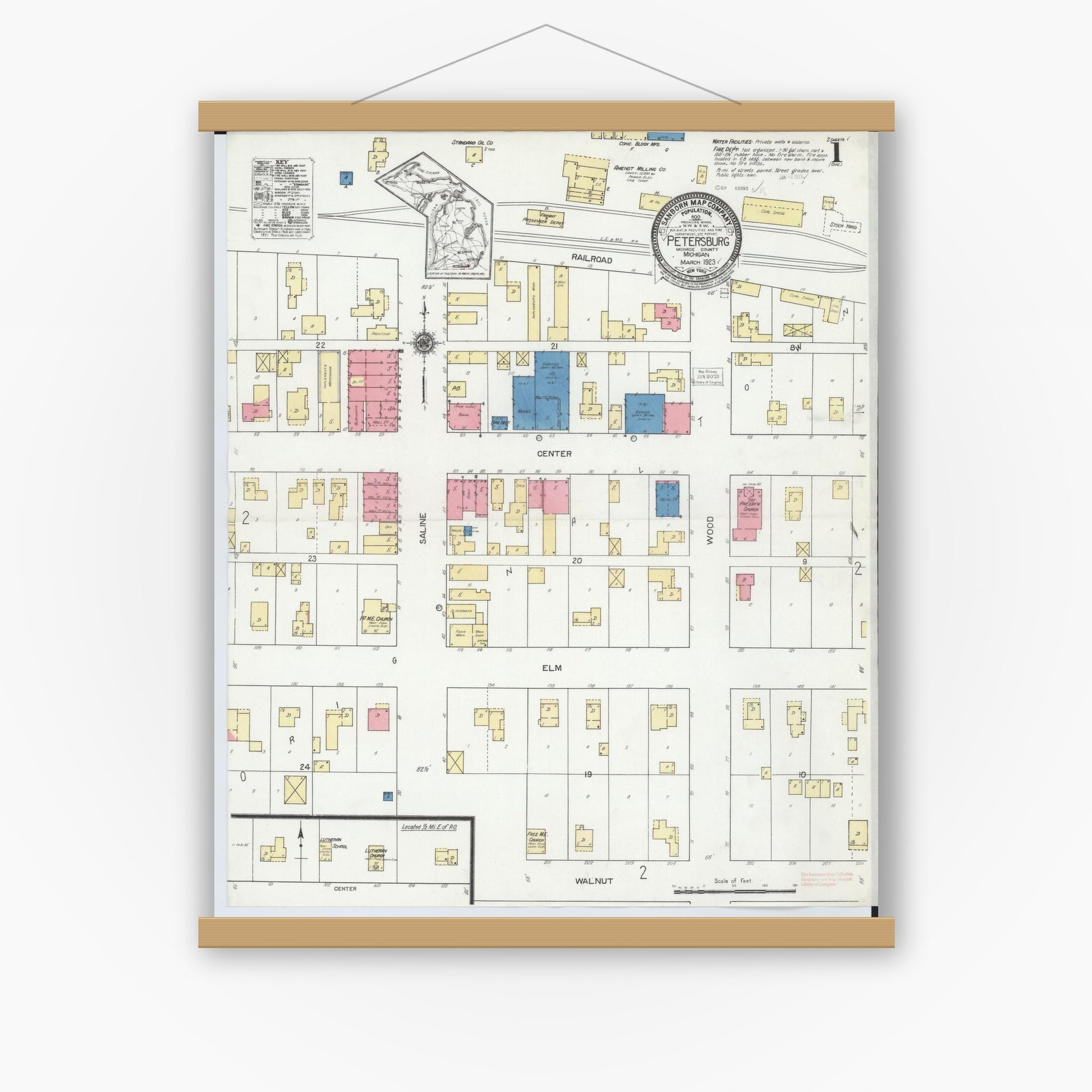 Old map wall art mockup — magnetic wood frame on white wall — Sanborn Fire Insurance Map from Petersburg, Monroe County, Michigan (1923) - Complete Map Set
