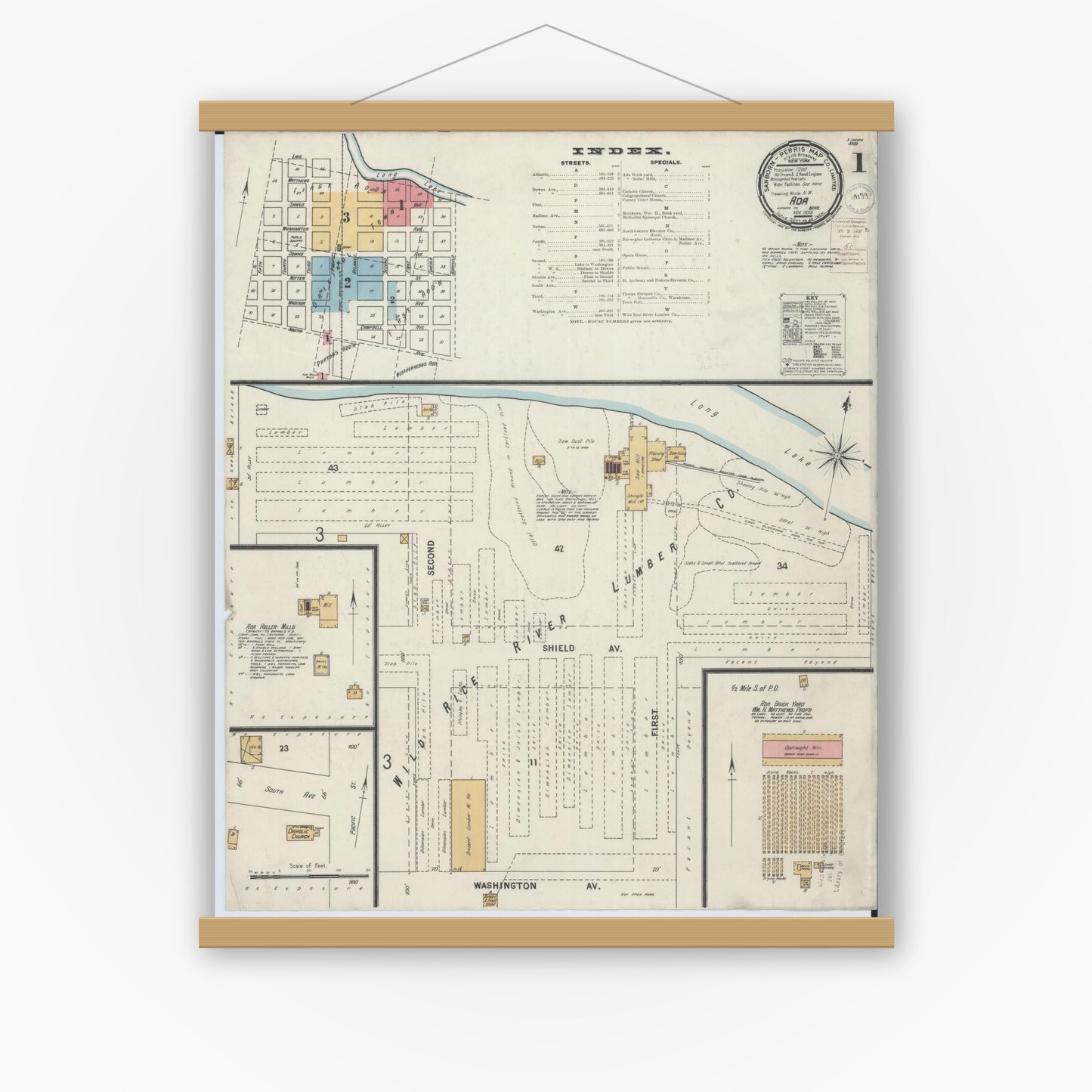 Old map wall art mockup — magnetic wood frame on white wall — Sanborn Fire Insurance Map from Ada, Norman County, Minnesota (1899) - Complete Map Set