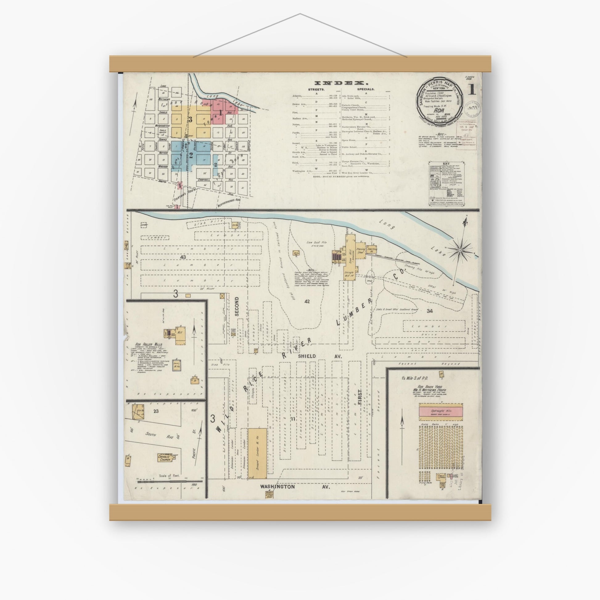 Old map wall art mockup — magnetic wood frame on white wall — Sanborn Fire Insurance Map from Ada, Norman County, Minnesota (1899) - Complete Map Set