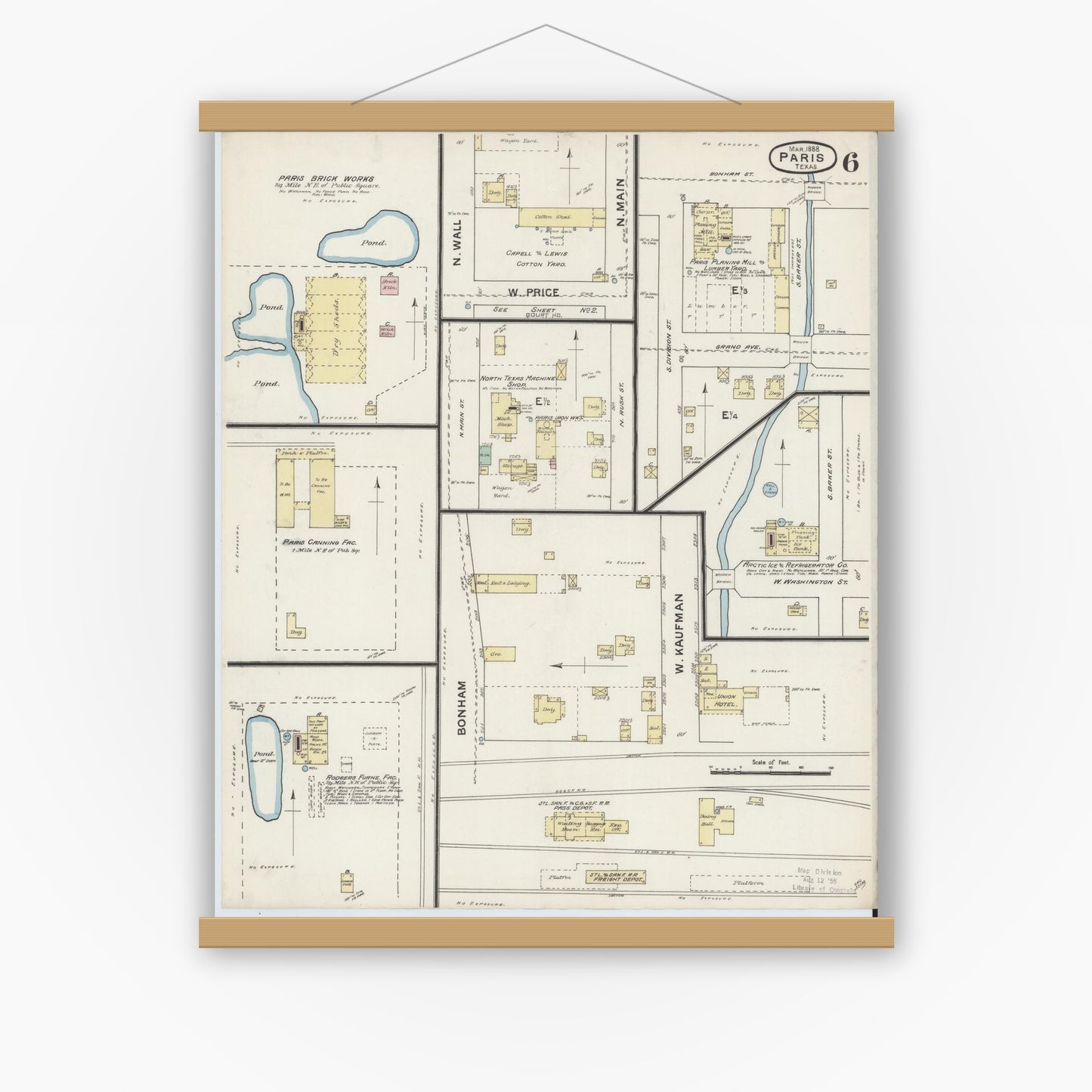 Old map wall art mockup — magnetic wood frame on white wall — Sanborn Fire Insurance Map from Paris, Lamar County, Texas (1888), Sheet #0006