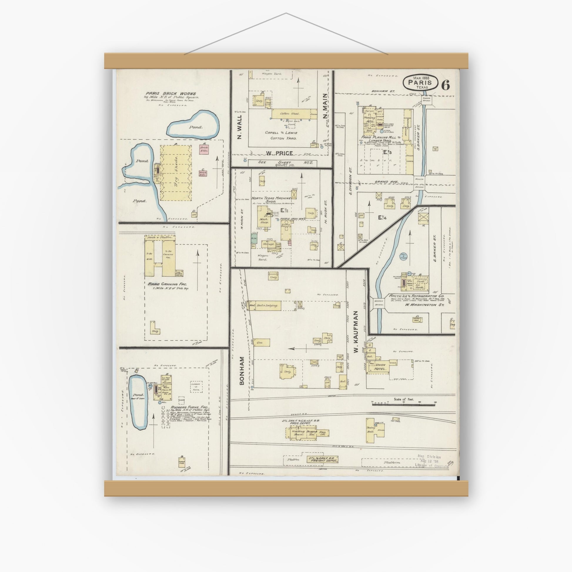 Old map wall art mockup — magnetic wood frame on white wall — Sanborn Fire Insurance Map from Paris, Lamar County, Texas (1888), Sheet #0006